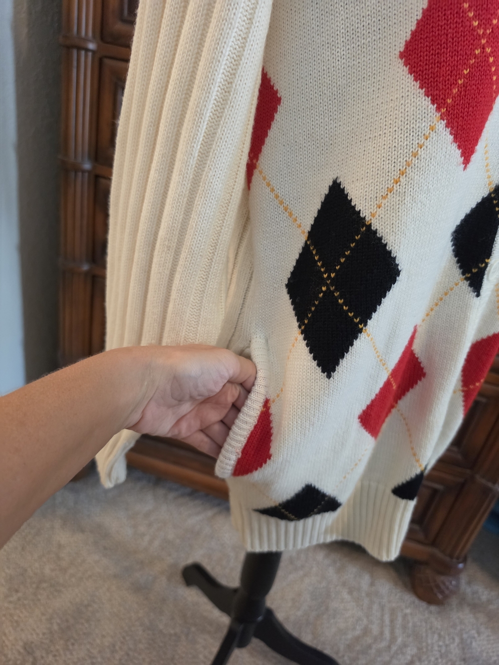 Vtg Wool Blend Argyle Cardigan Oversized Knit Small Grandpa Dark Academia Retro - Picture 3 of 11